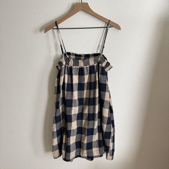 Grade & Gather Dress Womens Small Navy Buffalo Check Linen Beachy Boho Coastal - Picture 7 of 15